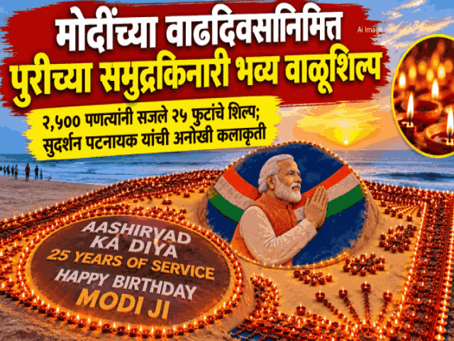 पंतप्रधान मोदींच्या वाढदिवसानिमित्त पुरीत २,५०० पणत्यांचे २५ फुटी वाळूशिल्प