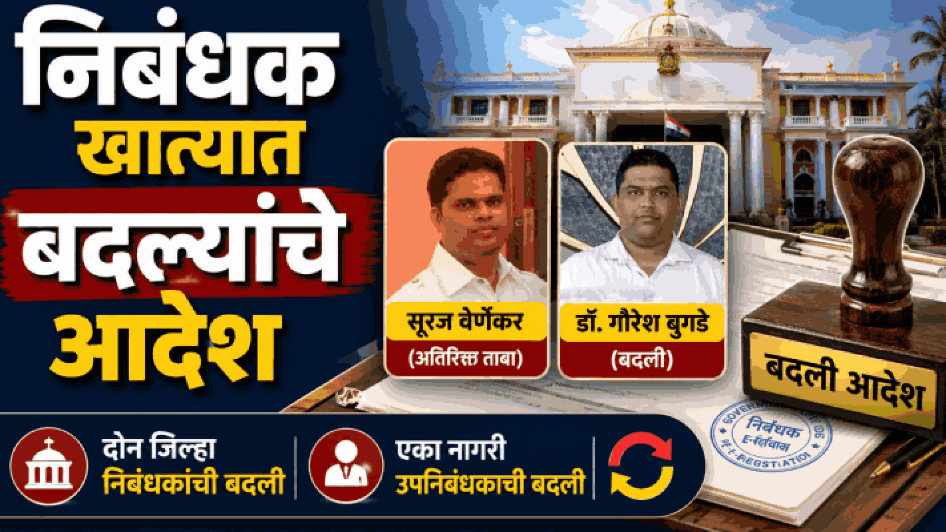 दोन जिल्हा निबंधक, एका नागरी उपनिबंधकाची बदली