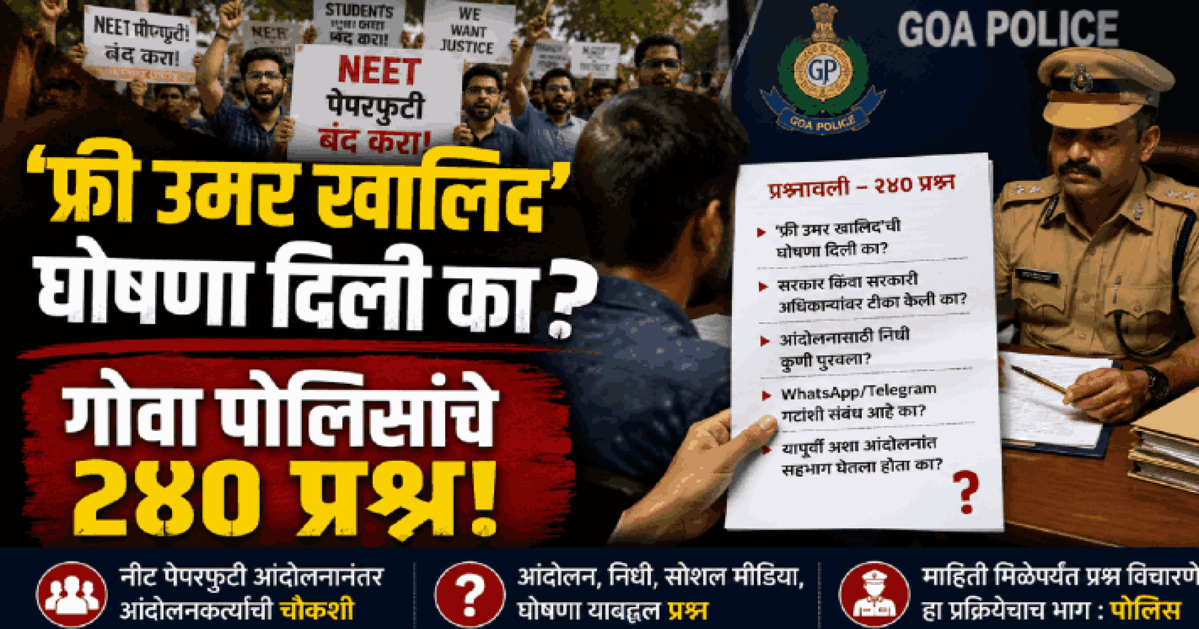'फ्री उमर खालिद' घोषणा दिली का?; गोवा पोलिसांचे २४० प्रश्न