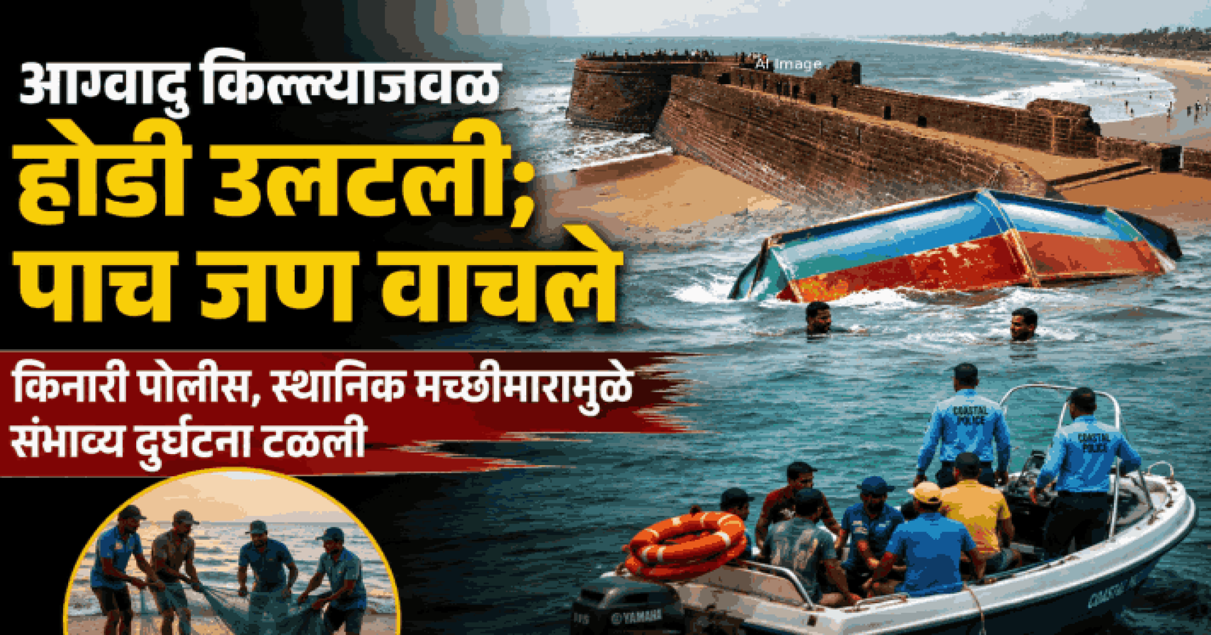 आग्वाद किल्ल्याजवळ होडी उलटली; पाच जण वाचले