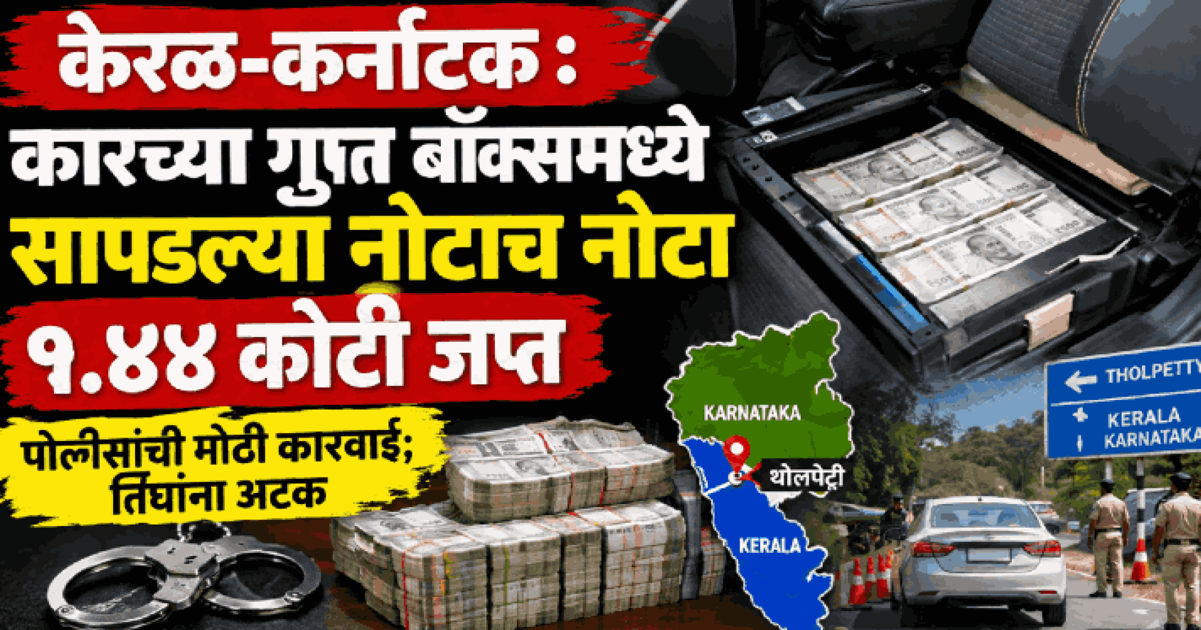 केरळ-कर्नाटक : कारच्या गुप्त बॉक्समध्ये सापडल्या नोटाच नोटा; १.४४ कोटी जप्त
