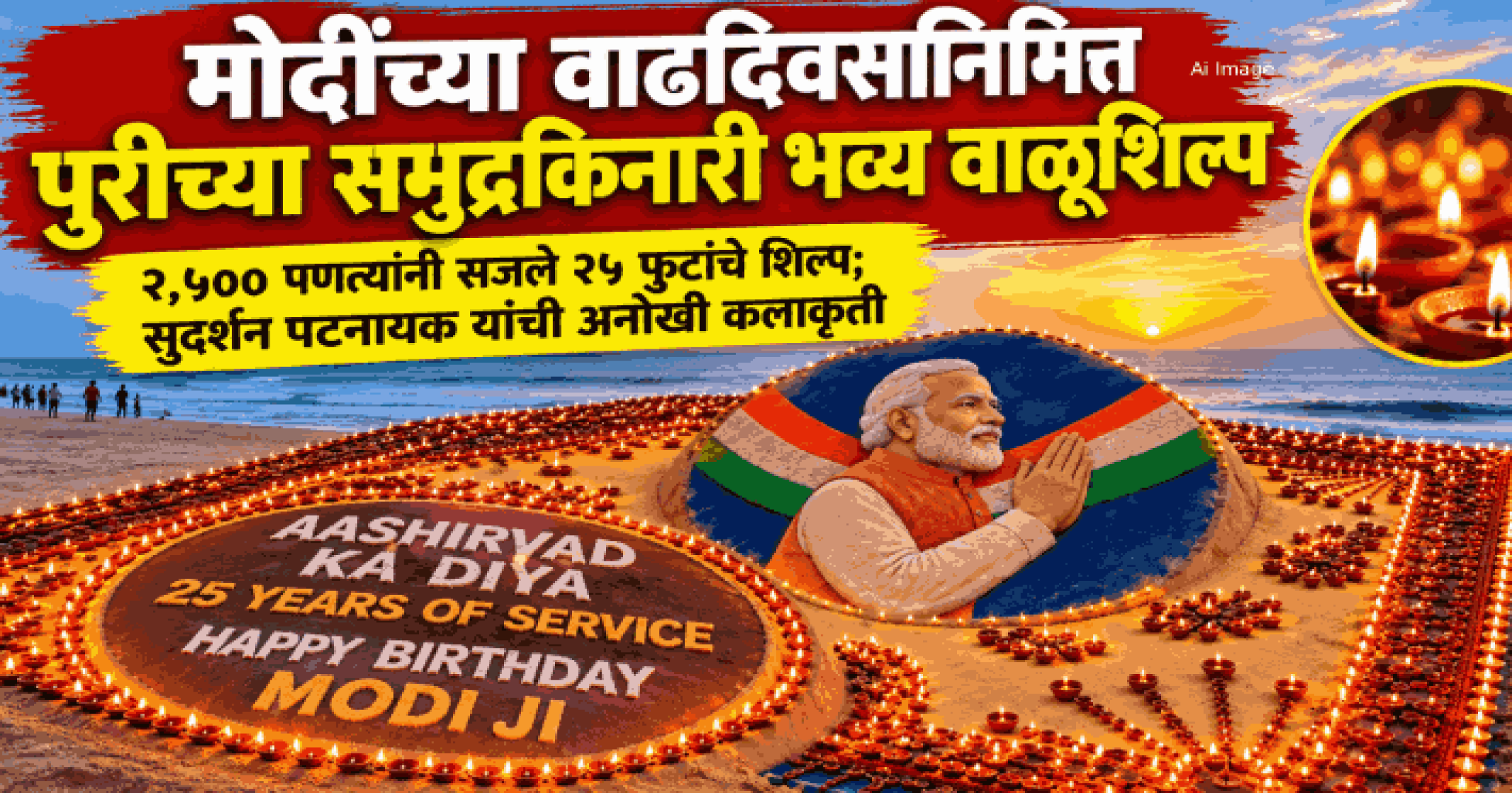 पंतप्रधान मोदींच्या वाढदिवसानिमित्त पुरीत २,५०० पणत्यांचे २५ फुटी वाळूशिल्प