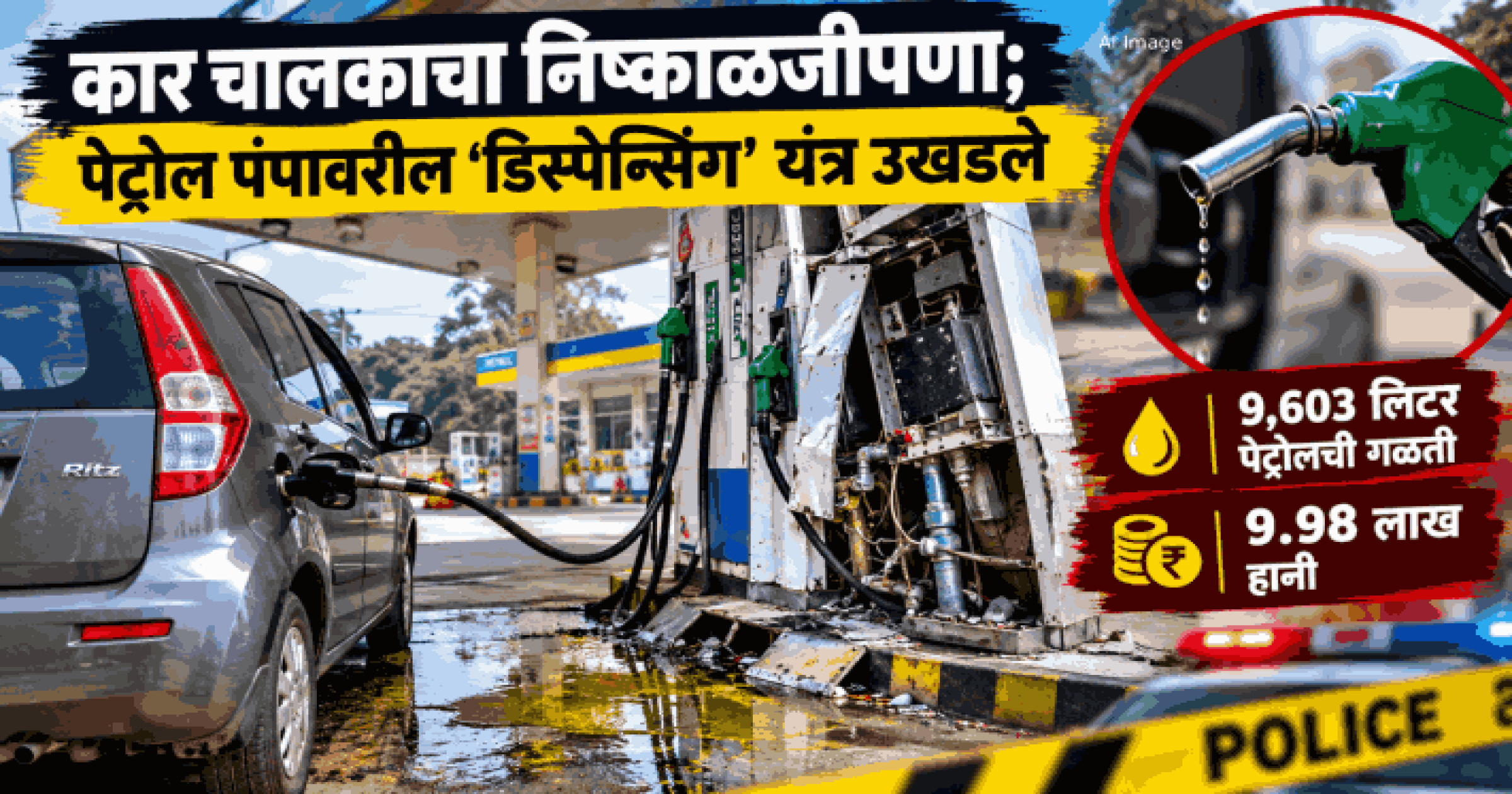 कार चालकाचा निष्काळजीपणा; पेट्रोल पंपावरील ‘डिस्पेन्सिंग’ यंत्र उखडले : ९.९८ लाखांची हानी