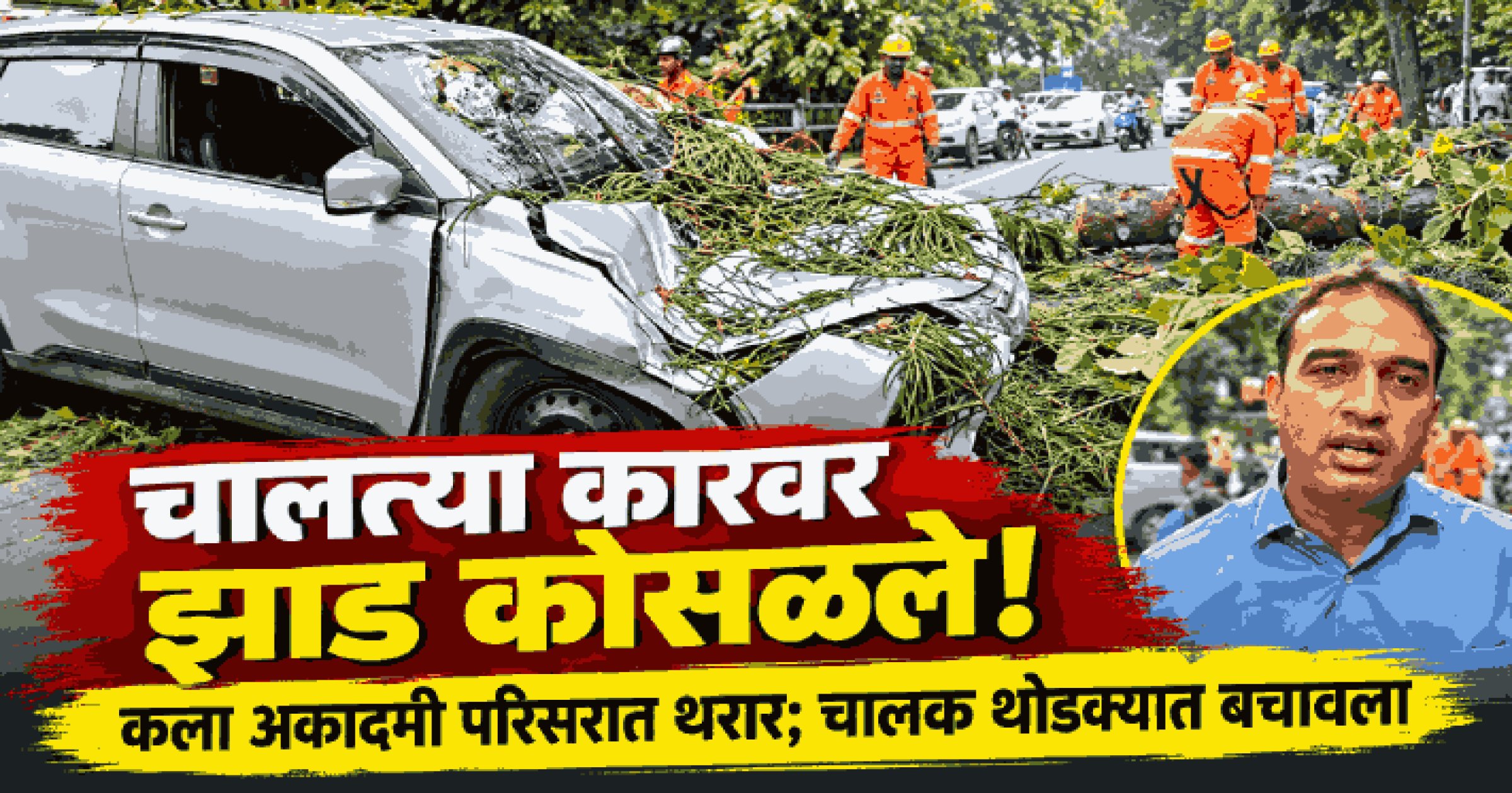 कला अकादमी परिसरात चालत्या कारवर झाड कोसळले; चालक थोडक्यात बचावला