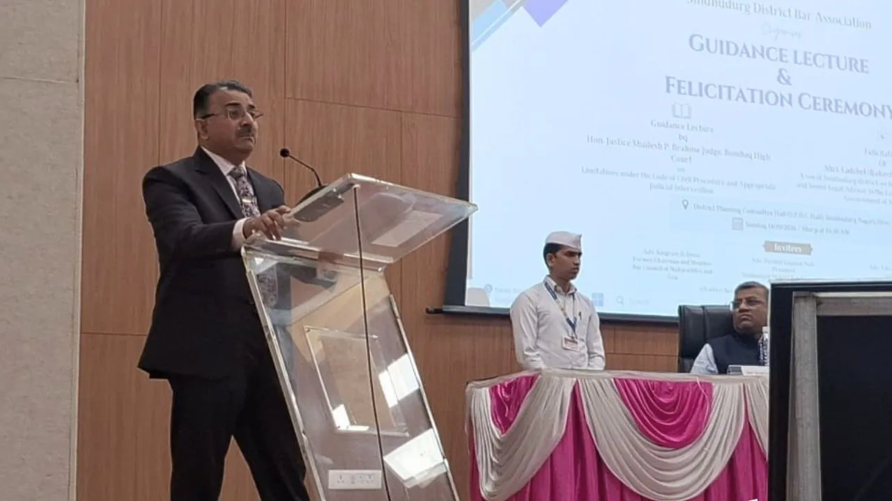 Justice Shailesh P. Brahme addressing lawyers at a Sindhudurg District Bar Association lecture on the Civil Procedure Code