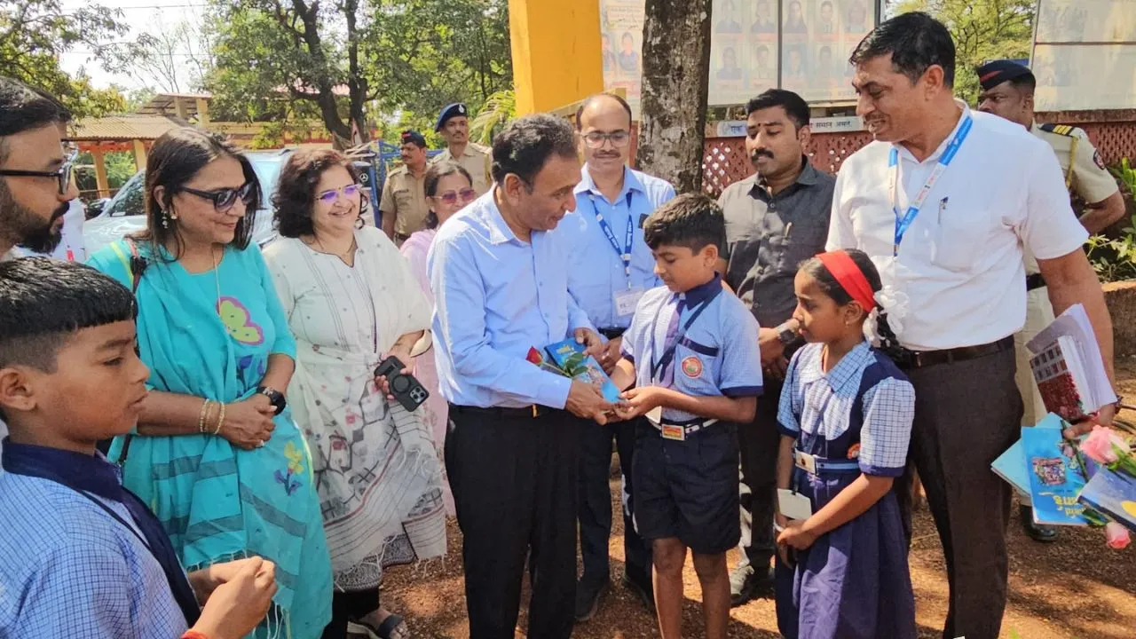 Maharashtra Chief Secretary Rajesh Agrawal interacts with students during his visit to Gimhavane Zilla Parishad School in Dapoli, Ratnagiri.