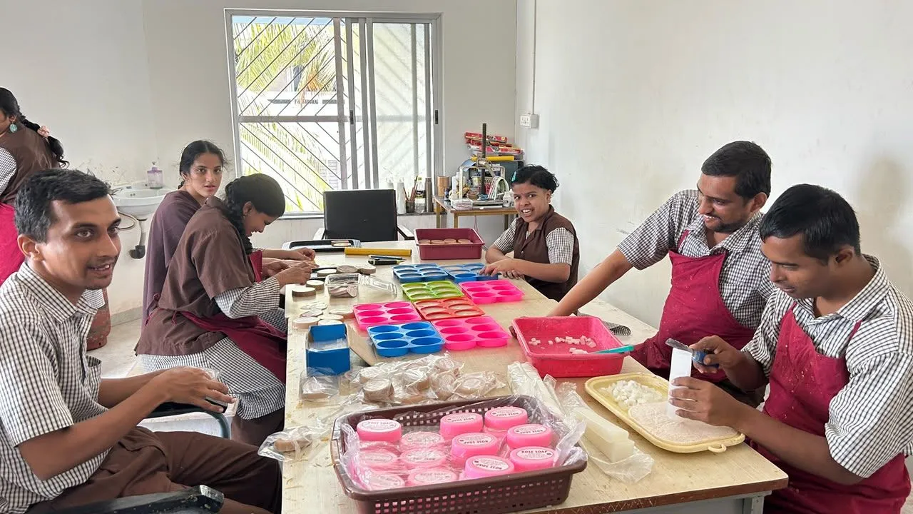 Aavishkar students with disabilities in Ratnagiri making handmade Diwali lanterns, diyas, soaps and decorative gift items.