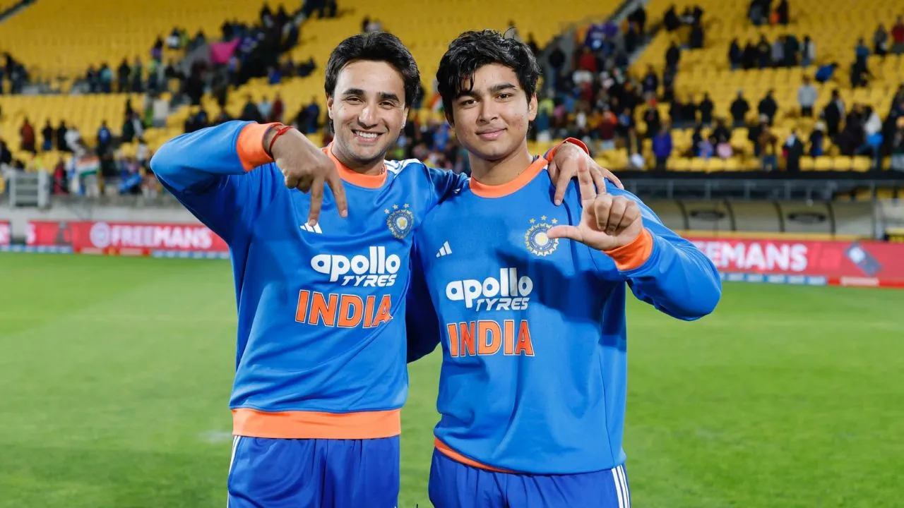 Abhishek Sharma celebrates his record-breaking century during India's third T20 International against New Zealand in Wellington.