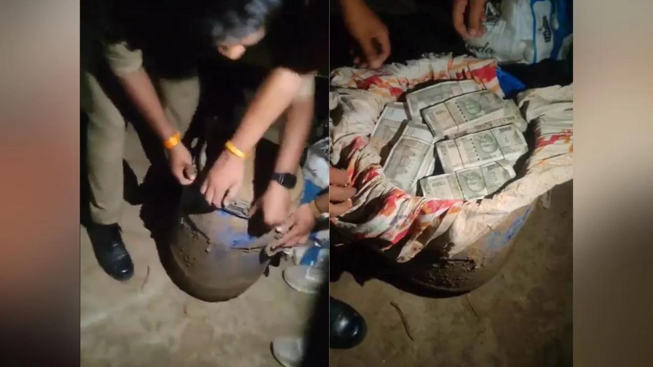 Three drums filled with cash found buried underground at a house in Nawabganj, Uttar Pradesh.