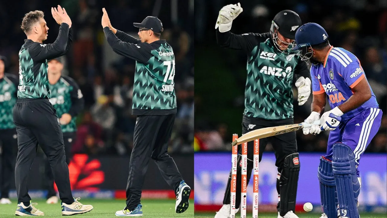 Glenn Phillips celebrates his century during the India vs New Zealand fourth T20 match in Auckland.