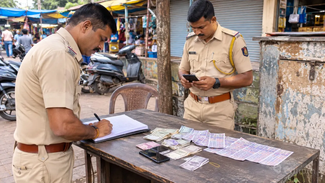 Sawantwadi police take action against illegal Kalyan Matka gambling in Machhi Market and seize ₹11,000 cash and gambling materials.