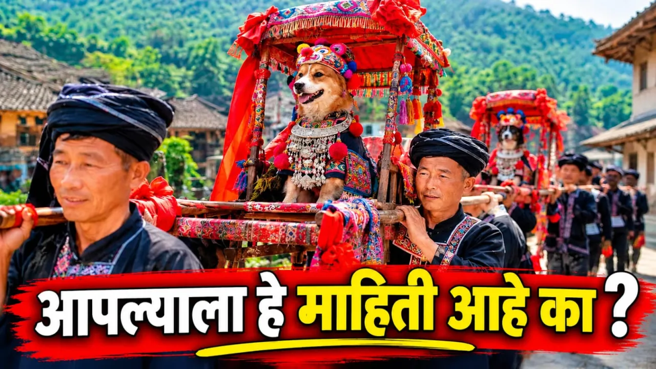 Dog Dressed in Traditional Royal Costume During China's Dog Carrying Festival in Miao Village